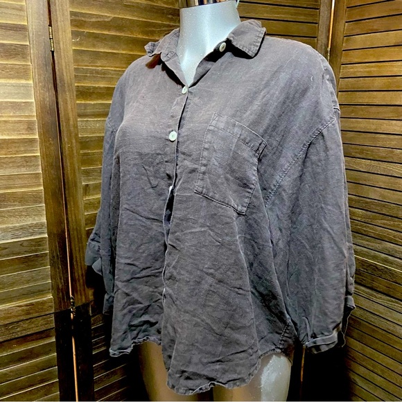 Sunday Morning Vivian Loungewear Lagenlook Button-Up Shirt 100% Linen Charcoal - Picture 10 of 11